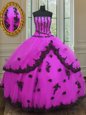 Fuchsia Ball Gowns Appliques Vestidos de Quinceanera Lace Up Tulle Sleeveless Floor Length