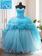 Pretty Baby Blue Ball Gowns Organza Sweetheart Sleeveless Beading and Ruffled Layers Lace Up Quince Ball Gowns Sweep Train
