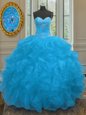 Baby Blue Organza Lace Up Scoop Sleeveless Floor Length 15 Quinceanera Dress Beading and Ruffles