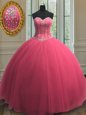High Class Sequins Sweetheart Sleeveless Lace Up Sweet 16 Dress Hot Pink Tulle