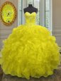 Yellow Lace Up Sweetheart Beading and Embroidery and Ruffles Vestidos de Quinceanera Organza Sleeveless