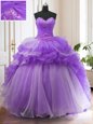 Fantastic Sleeveless With Train Beading and Ruffled Layers Lace Up Quince Ball Gowns with Lavender Sweep Train