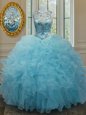 Scoop Sleeveless Organza Floor Length Lace Up Quince Ball Gowns in Aqua Blue for with Beading and Ruffles