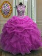 Scoop Floor Length Lace Up Quince Ball Gowns Fuchsia and In for Military Ball and Sweet 16 and Quinceanera with Beading and Ruffles and Pick Ups