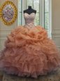 Custom Fit Organza Sweetheart Sleeveless Lace Up Beading and Ruffles and Pick Ups Ball Gown Prom Dress in Orange