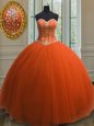 High Class Orange Red Ball Gowns Sweetheart Sleeveless Tulle Floor Length Lace Up Beading and Sequins 15th Birthday Dress