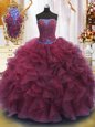 Burgundy Lace Up Strapless Beading and Ruffles 15 Quinceanera Dress Organza Sleeveless