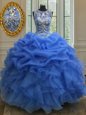 Scoop Blue Ball Gowns Beading and Ruffles Quince Ball Gowns Lace Up Organza Sleeveless Floor Length