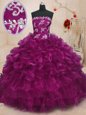 Lovely Strapless Sleeveless Lace Up Ball Gown Prom Dress Fuchsia Organza