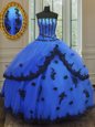Vintage Blue Sleeveless Floor Length Appliques Lace Up Quinceanera Gown