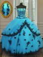 Strapless Sleeveless Quinceanera Dress Floor Length Appliques Aqua Blue Tulle