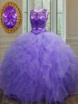 Bateau Sleeveless 15 Quinceanera Dress Floor Length Beading and Ruffles Lavender Tulle