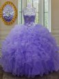 Scoop Sleeveless Organza Floor Length Lace Up 15th Birthday Dress in Lavender for with Beading and Ruffles