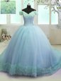 Graceful Light Blue Quince Ball Gowns Military Ball and Sweet 16 and Quinceanera and For with Hand Made Flower Off The Shoulder Sleeveless Court Train Lace Up