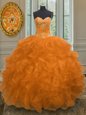 Extravagant Orange Organza Lace Up Sweetheart Sleeveless Floor Length Vestidos de Quinceanera Beading and Embroidery and Ruffles