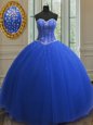 Dynamic Sweetheart Sleeveless Quinceanera Gown Floor Length Beading and Sequins Royal Blue Tulle