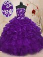 Clearance Purple Lace Up Sweet 16 Dress Beading and Appliques and Ruffles Sleeveless Floor Length
