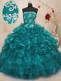Smart Turquoise Sleeveless Organza Lace Up Quinceanera Gown for Military Ball and Sweet 16 and Quinceanera