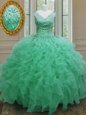 Sumptuous Sleeveless Floor Length Beading and Ruffles Zipper Quince Ball Gowns with Apple Green