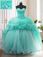With Train Turquoise Sweet 16 Quinceanera Dress Organza Sweep Train Sleeveless Beading and Ruffles