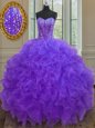 Popular Sweetheart Sleeveless Lace Up 15 Quinceanera Dress Purple Organza