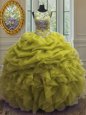 Scoop Sleeveless Quinceanera Gowns Floor Length Beading and Ruffles and Pick Ups Yellow Green Organza