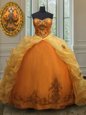 Pick Ups Orange Sleeveless Organza Court Train Lace Up Sweet 16 Quinceanera Dress for Military Ball and Sweet 16 and Quinceanera