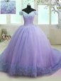 Elegant Off the Shoulder Hand Made Flower 15 Quinceanera Dress Lavender Lace Up Short Sleeves With Train Court Train
