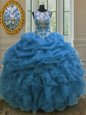 Scoop Floor Length Blue Sweet 16 Dresses Organza Sleeveless Beading and Ruffles and Pick Ups
