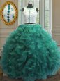 Noble Scoop Appliques and Ruffles Ball Gown Prom Dress Turquoise Clasp Handle Sleeveless Floor Length