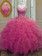 Enchanting Hot Pink Sleeveless Beading and Ruffles Floor Length Quinceanera Dresses