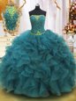 Teal Sweet 16 Dress Military Ball and Sweet 16 and Quinceanera and For with Beading and Ruffles Strapless Sleeveless Lace Up