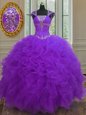 Purple Ball Gowns Straps Cap Sleeves Organza Floor Length Lace Up Beading and Ruffles and Sequins 15 Quinceanera Dress