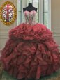 Exquisite Sleeveless Floor Length Beading and Ruffles Lace Up Quinceanera Gown with Pink