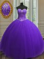 Customized Sweetheart Sleeveless 15th Birthday Dress Floor Length Beading and Sequins Purple Tulle