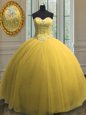 Gold Ball Gowns Sweetheart Sleeveless Tulle Floor Length Lace Up Beading and Sequins Sweet 16 Dress