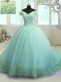 Fashion Off The Shoulder Sleeveless 15 Quinceanera Dress With Train Court Train Hand Made Flower Turquoise Organza