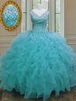 Gorgeous Aqua Blue Ball Gowns V-neck Sleeveless Organza Floor Length Zipper Beading and Ruffles Sweet 16 Dress