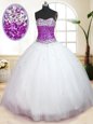 White Sleeveless Floor Length Beading Lace Up Sweet 16 Dresses