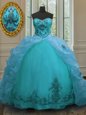 Aqua Blue 15th Birthday Dress Military Ball and Sweet 16 and Quinceanera and For with Beading and Appliques and Pick Ups Sweetheart Sleeveless Court Train Lace Up