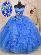 Eye-catching Sweetheart Sleeveless Organza 15th Birthday Dress Beading and Ruffles Lace Up