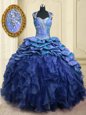 Vintage Cap Sleeves Organza and Taffeta With Brush Train Lace Up Quinceanera Dresses in Blue for with Beading and Ruffles and Pick Ups