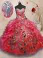 Sleeveless Floor Length Beading and Appliques and Ruffles Zipper Quinceanera Gowns with Red