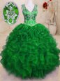 Sleeveless Floor Length Beading and Embroidery and Ruffles Zipper Quinceanera Gown with Green