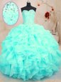 Sweetheart Sleeveless Vestidos de Quinceanera Floor Length Beading and Ruffles Aqua Blue Organza