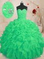 Shining Floor Length Lace Up Quince Ball Gowns Green and In for Military Ball and Sweet 16 and Quinceanera with Beading and Ruffles