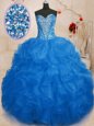 Sleeveless Organza Floor Length Lace Up Vestidos de Quinceanera in Blue for with Beading and Ruffles