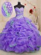 Lavender Ball Gowns Sweetheart Sleeveless Organza With Brush Train Lace Up Beading and Ruffles Vestidos de Quinceanera