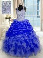 High Quality Blue Sleeveless Beading and Ruffles Floor Length Quinceanera Gowns