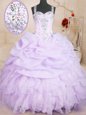Vintage Lavender Organza Lace Up Straps Sleeveless Floor Length Quinceanera Dresses Beading and Ruffles and Pick Ups